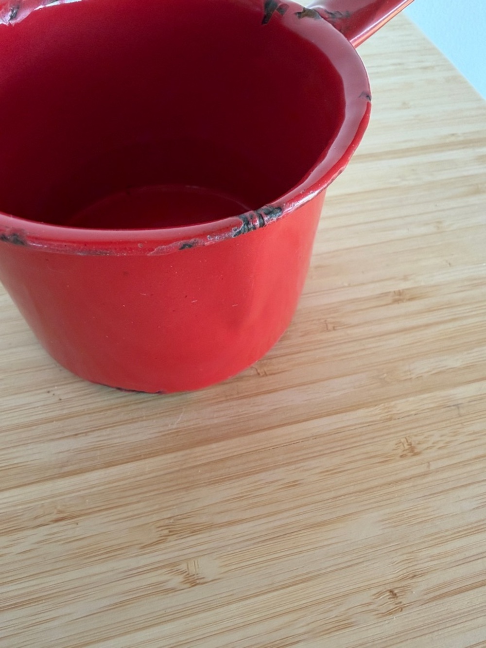 Vintage Red Enamelware Saucepan / Small Pot Rustic w/Spout Farmhouse - Picture 5 of 11